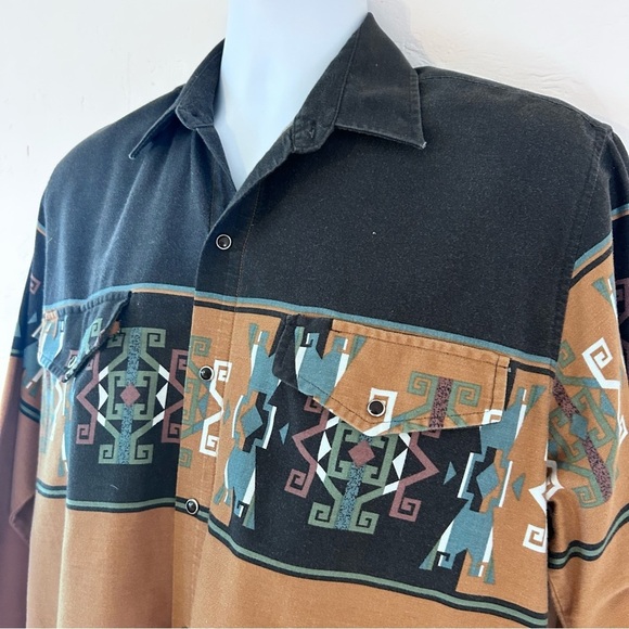 ROPER Vintage 90s Men’s Aztec Print Cowboy Shirt Size M Pearl Snap Button - Picture 5 of 10
